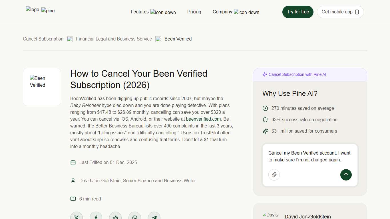 How to Cancel Your Been Verified Subscription (2026) | Pine AI